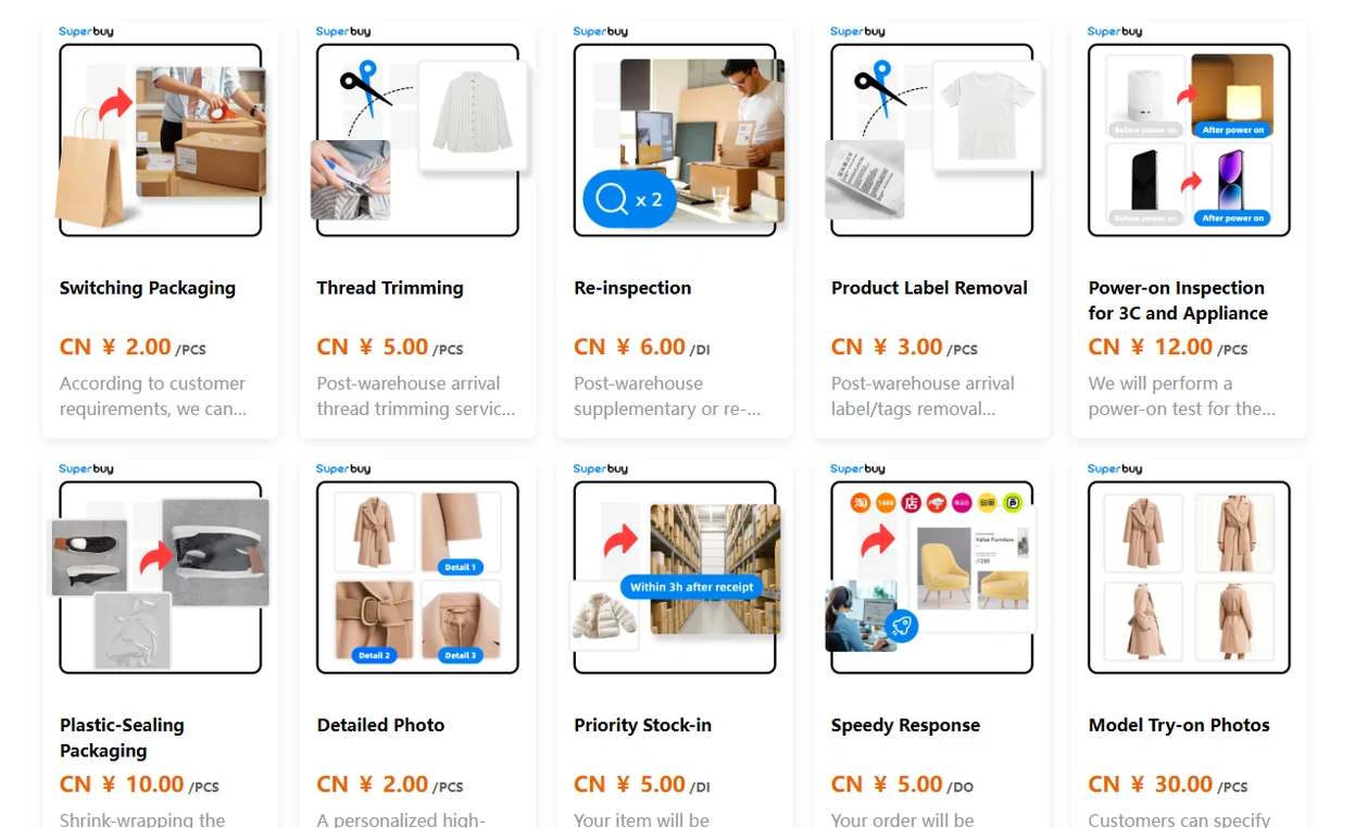 Grid of value-added services with per-item prices, including packaging swaps, photo services and inspection options