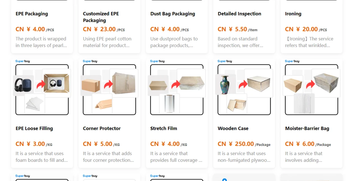 Packing services on the value-added menu with photographs and prices, including loose fill, corner protectors, stretch film and a wooden case