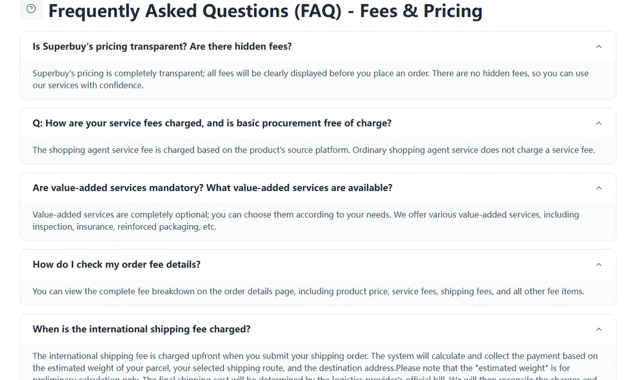 Fees and pricing questions on the official fee page, including whether pricing is transparent and whether value-added services are mandatory