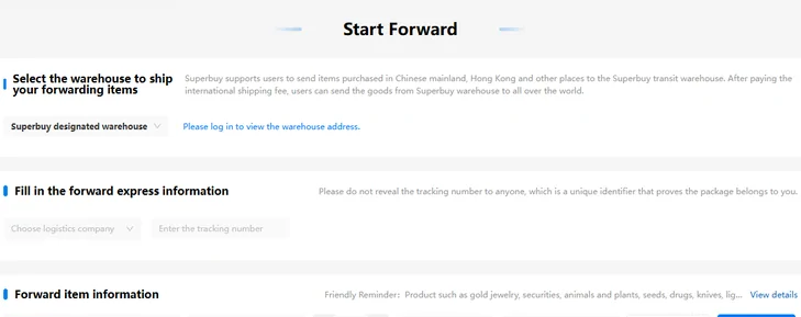 Three-step forwarding panel: choose a warehouse, enter the inbound tracking number, then describe the item