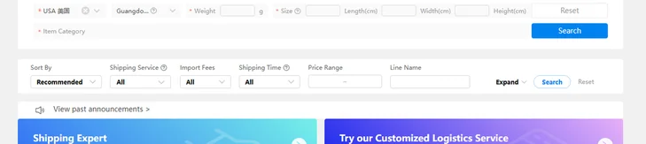 Shipping calculator query panel asking for destination, warehouse, weight, length, width, height and item category, above filters for service, import fees, time and price