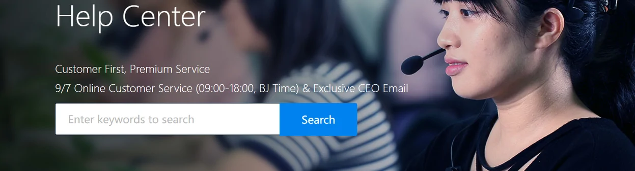 Help centre banner stating customer service hours and an executive email address