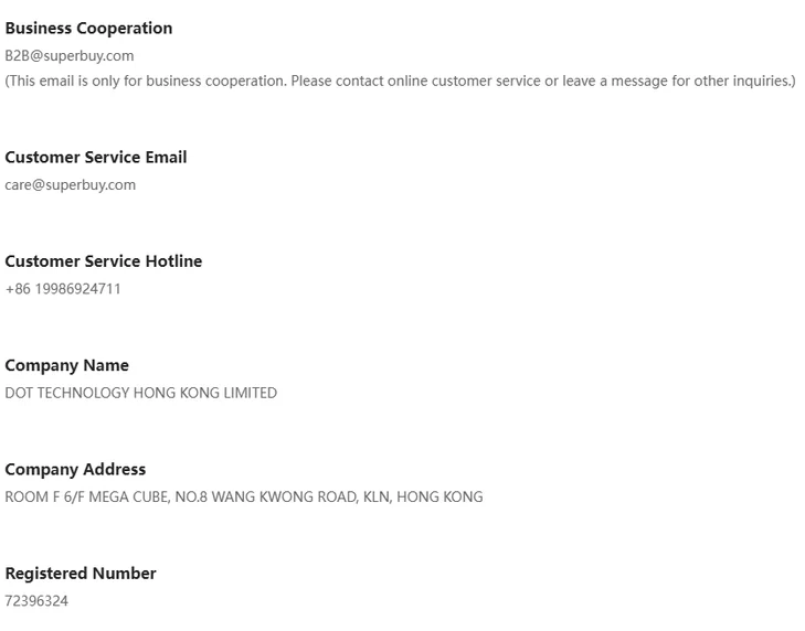Contact page listing business and customer service email addresses, a service hotline, the registered company name, its Hong Kong address and its registration number
