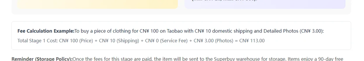 Worked example adding item price, domestic shipping, service fee and a photo service to a stage one total, followed by the storage reminder
