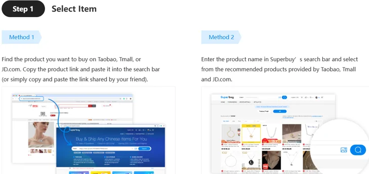 Official guide step one showing two ways to start an order: pasting a product link or searching inside the agent site