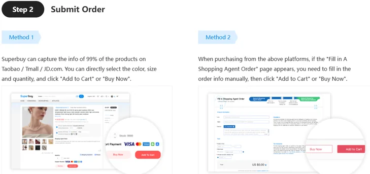 Official guide step two showing the automatic order form and the manual shopping agent order form side by side
