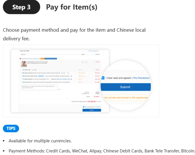 Official guide step three showing the payment screen and a tips box listing accepted payment methods