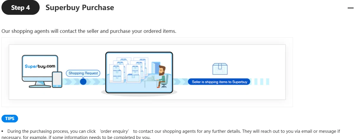 Official guide step four showing the buyer contacting the seller, with a tip about using order enquiry to reach them mid-purchase