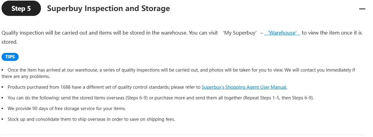 Official guide step five on inspection and storage, with tips stating that 1688 items follow a different quality control standard and that storage is free for ninety days