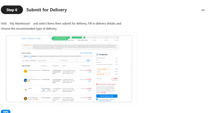 Official guide step six showing the warehouse screen where stored items are selected and submitted for delivery