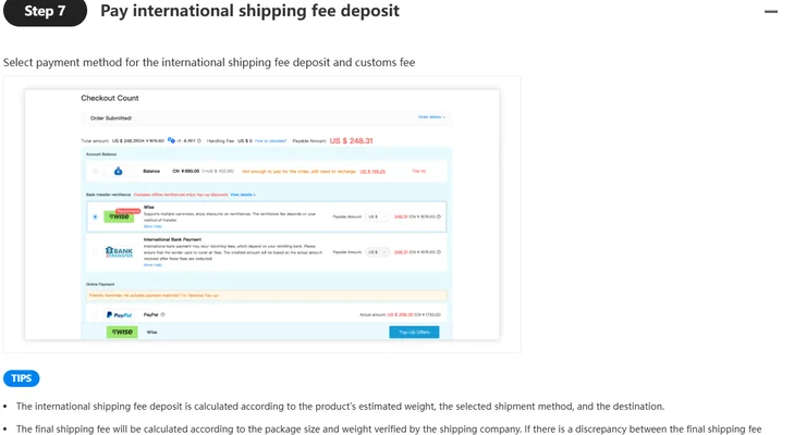 Official guide step seven showing the checkout screen for the international shipping deposit and customs fee