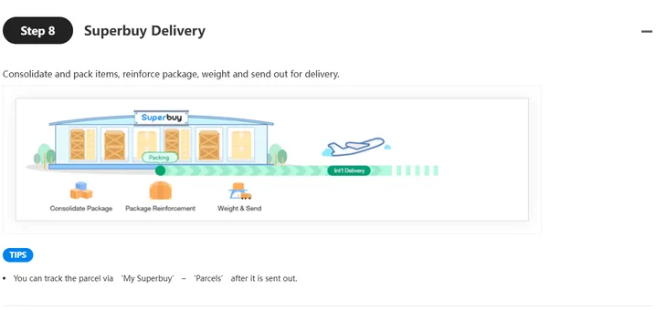 Official guide step eight illustrating consolidation, reinforced packing and weighing before dispatch