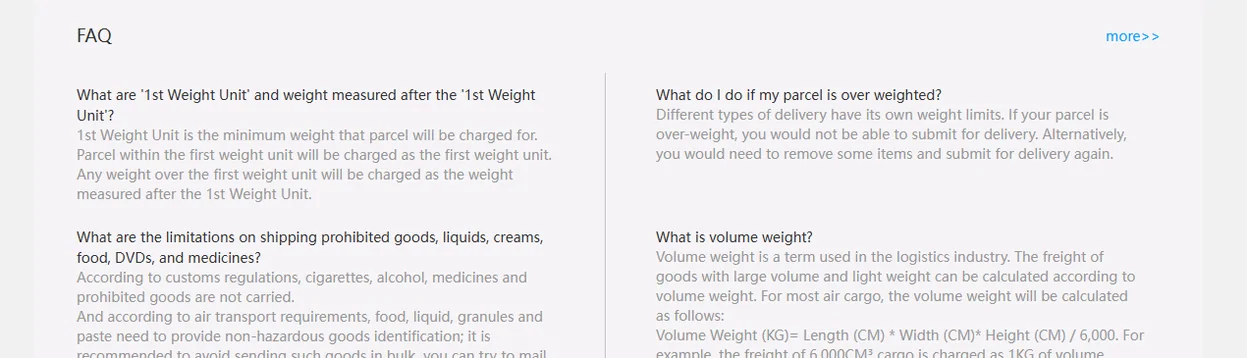 Shipping questions explaining the first weight unit and how volumetric weight is calculated from length, width and height
